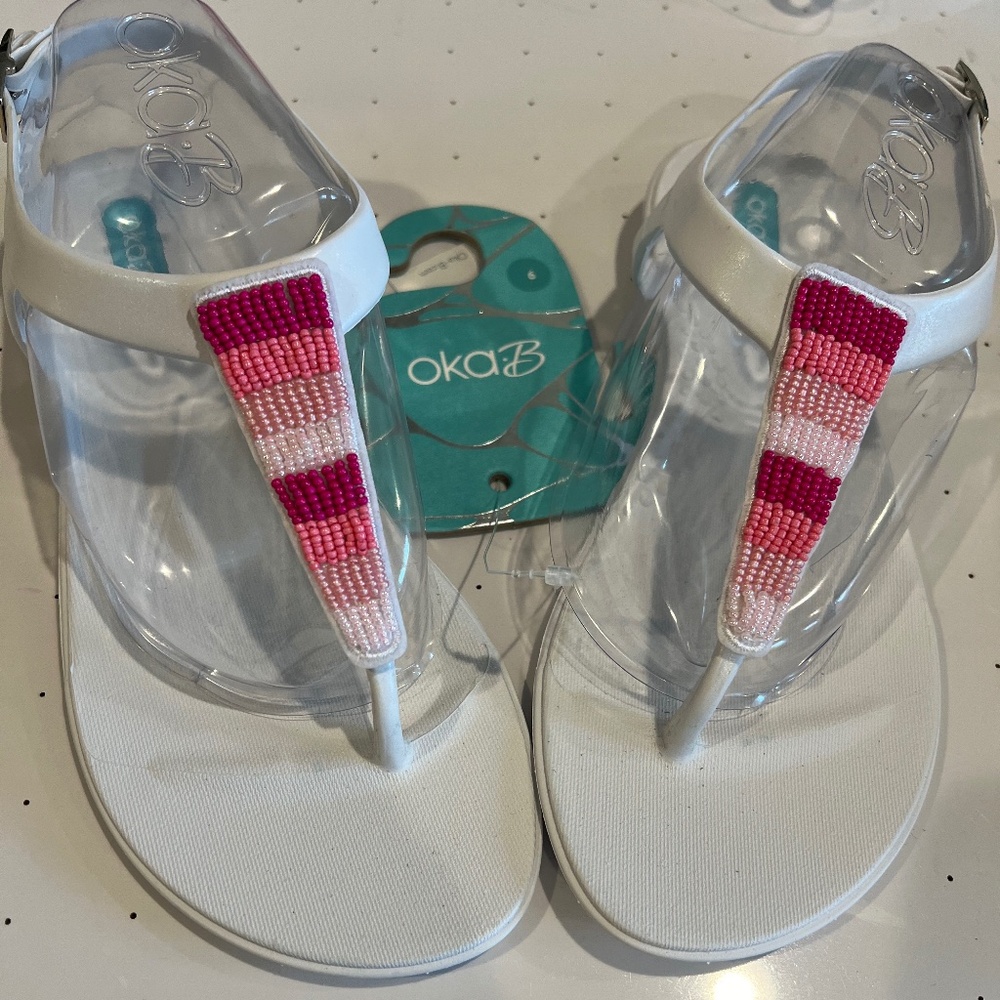Oka-B Pink Beaded Strand T-strap Flip Flops (NWT)